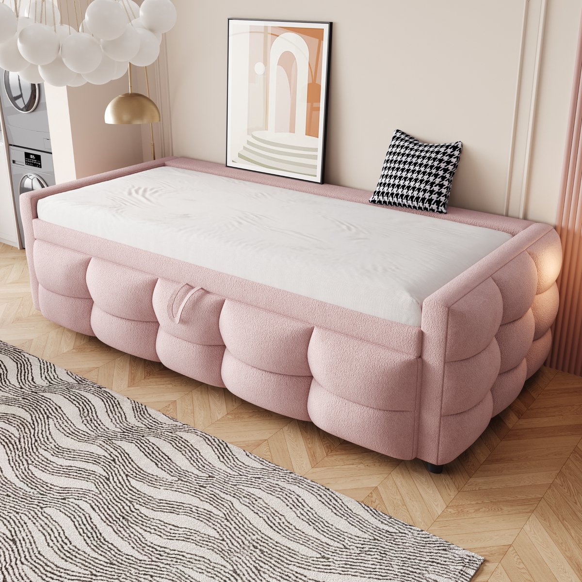 OKWISH Gestoffeerd Bed 90/180x190 cm - Uitschuifbaar Met Lattenrost - Zonder Opbergruimte - Voor Gasten En Kleine Ruimtes - Teddy Stof - Roze - Zonder matras