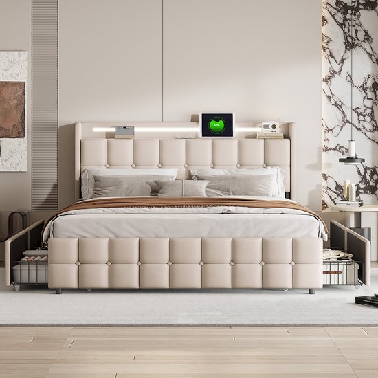 Lit coffre 160x200 cm Lin Beige – Deux places avec 4 Tiroirs, Cadre LED & USB