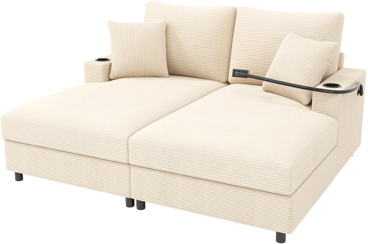 Merax Dubbelslaapbank Met Slaapfunctie - Corduroy Bekleding - Met Usb En Usb-C - Met Telefoonhouder En Bekerhouders - Beige