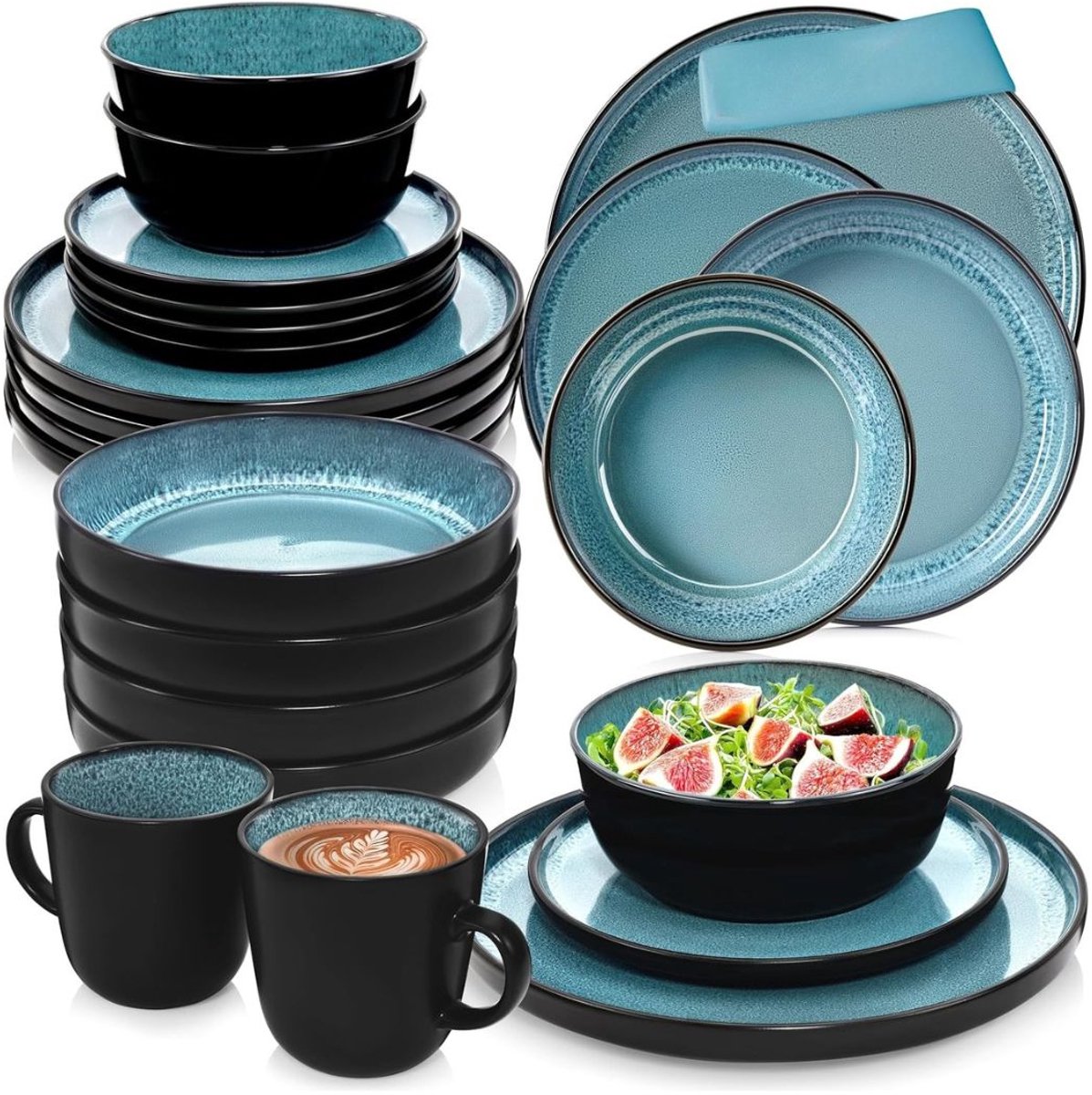 Goodivery - Serviesset 6 Persoons - 30 Stuks - Aardewerk Servies - Zwart en Blauw