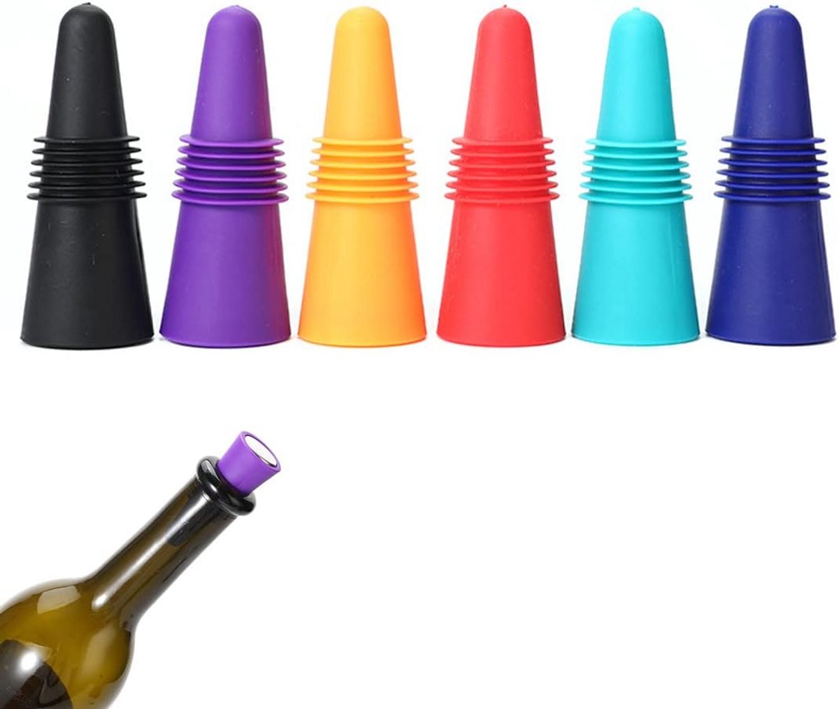 Set van 6 Universele Silicone Flessen Stoppers - Universeel voor Wijn, Champagne & Bier