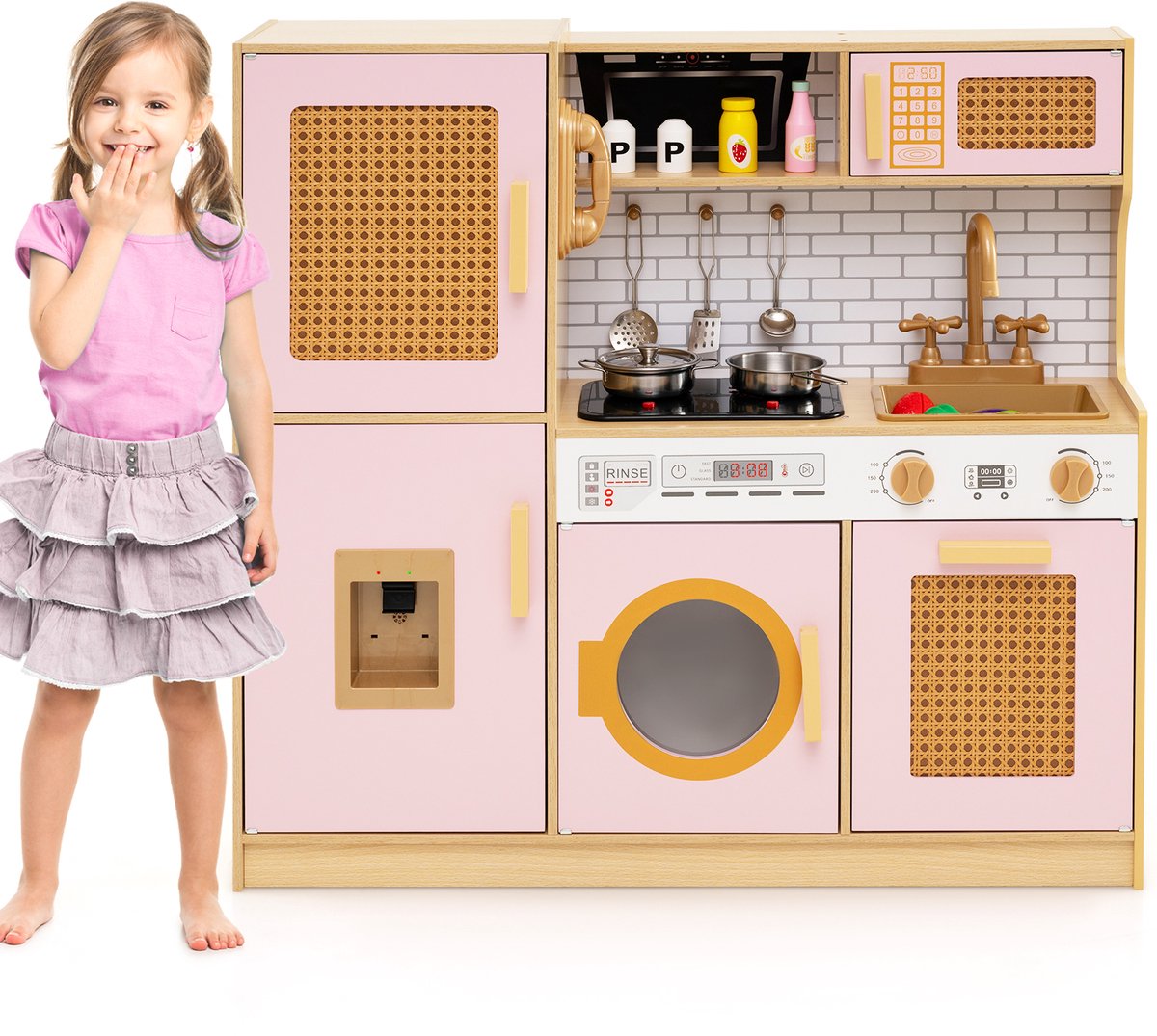 Costway Kinderkeuken, speelkeuken, houten keuken rotandeuren, licht geluid, koelkast, waterdispenser, wasmachine kookaccessoires, speelgoedkeuken vanaf 3 jaar (roze)