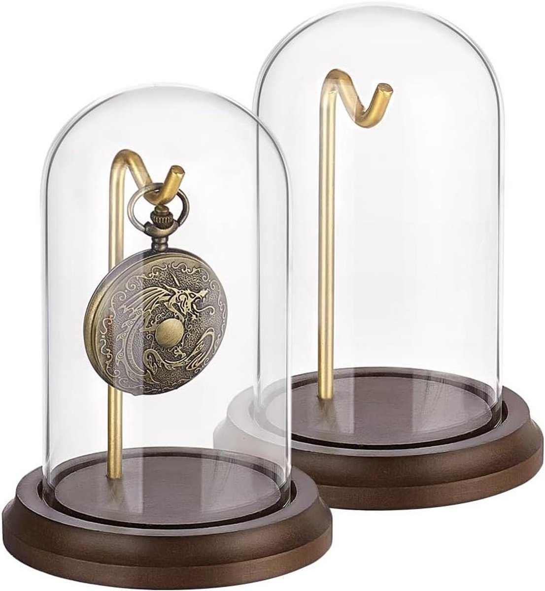 Horloge Display Koepel Cloche - Zakhorloge Display Pot - Decoratieve Vitrine - Houten Voet - Glazen Display Medailles - Verzamelobjecten - 2 Stuks - 4x5 Inch - Metalen Haak - Vitrine voor Zakhorloge