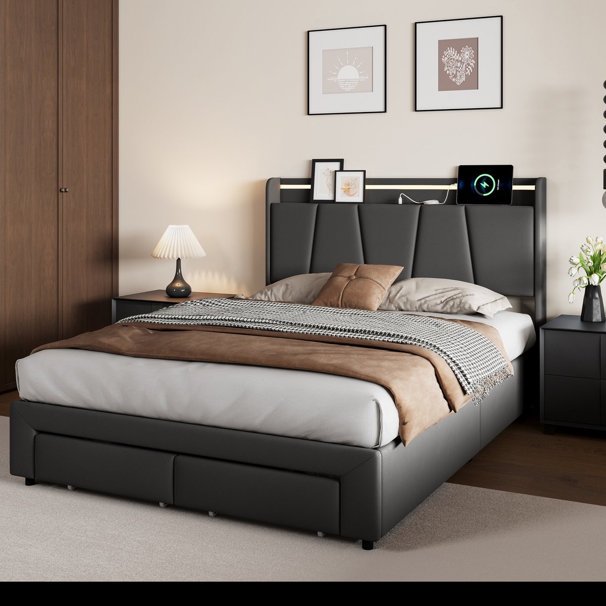 Gestoffeerd bed 140 x 200 cm, tweepersoonsbed met USB-aansluiting en LED-verlichting in het hoofdeinde en 2 lades, bed 140 x 200 cm met lattenbodem, hydraulisch opbergbed voor volwassenen en tieners, donkergrijs, linnen, zonder matras