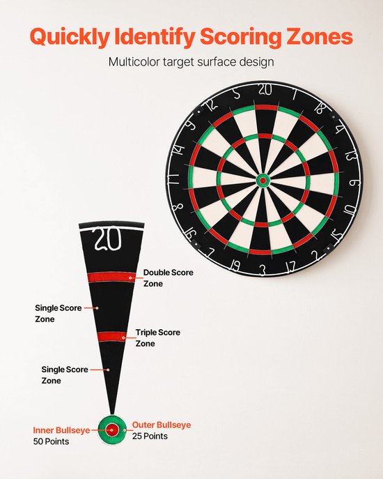 Hoogwaardig dartbord met zelfherstellende sisalvezel, nietjesvrije bullseye, bladdraadontwerp en draaibare cijferring, 450 mm dartbord voor speelkamers en home entertainment (darts niet inbegrepen) — afbeelding 4