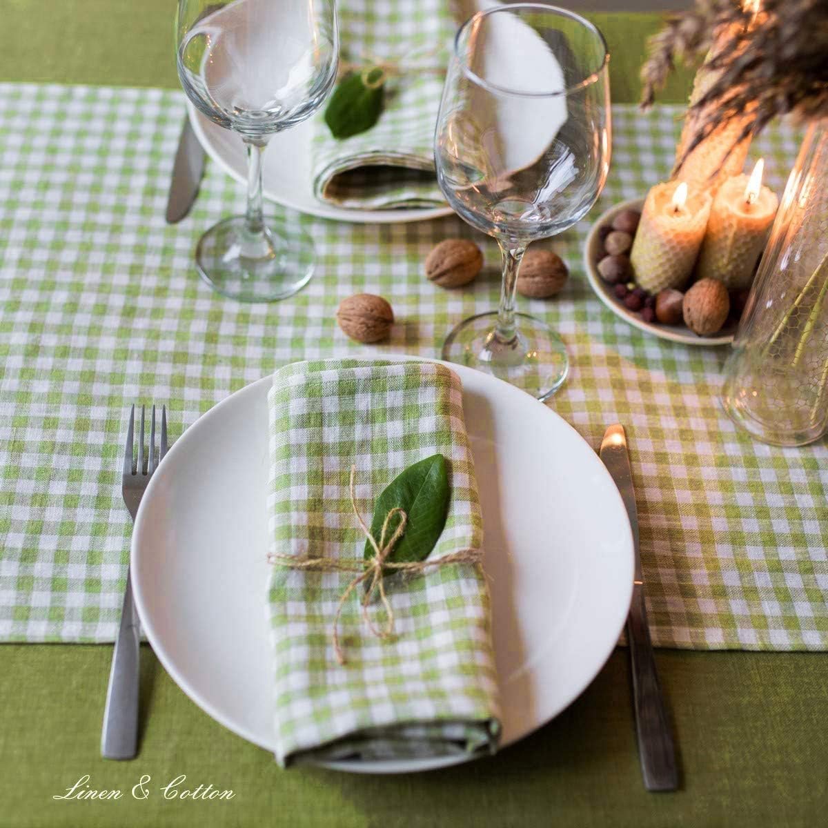 Set van 4 Grote Stoffen Servetten Geruit Blauw Groen 100% Linnen Rustiek