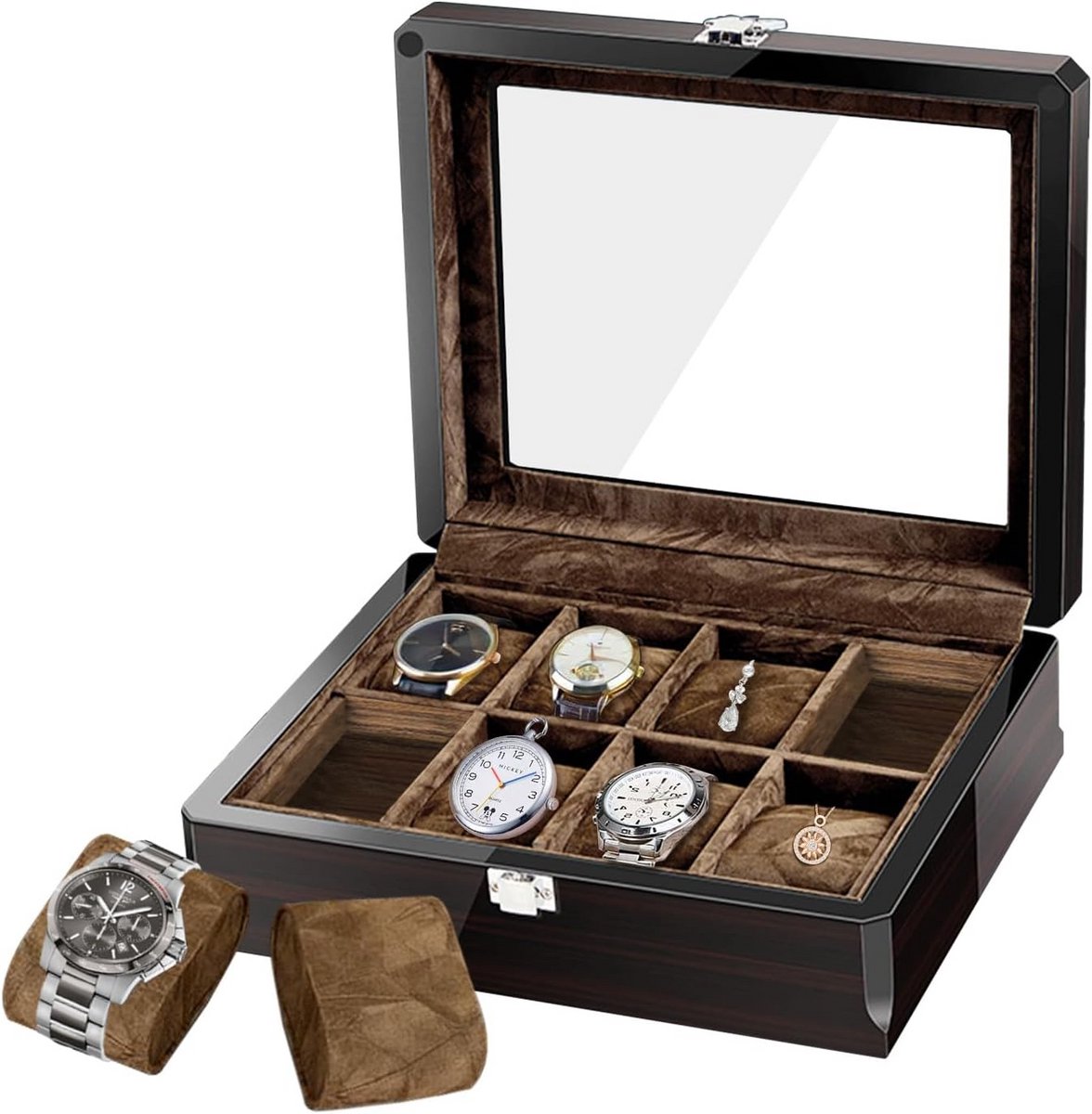Luxe Horlogedoos voor 8 Horloges met Glazen Deksel - Houten Organizer voor Mannen