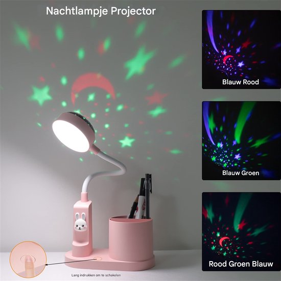 longziming -Kinderbureau Lamp met Sterrenprojector - LED Oogvriendelijk Licht - 3 Helderheidsstanden - 2000mAh Accu - USB-C Oplaadbaar - Pennenhouder - Flexibele Zwanenhals - Nachtlampje voor Kinderkamer van Longziming — afbeelding 3