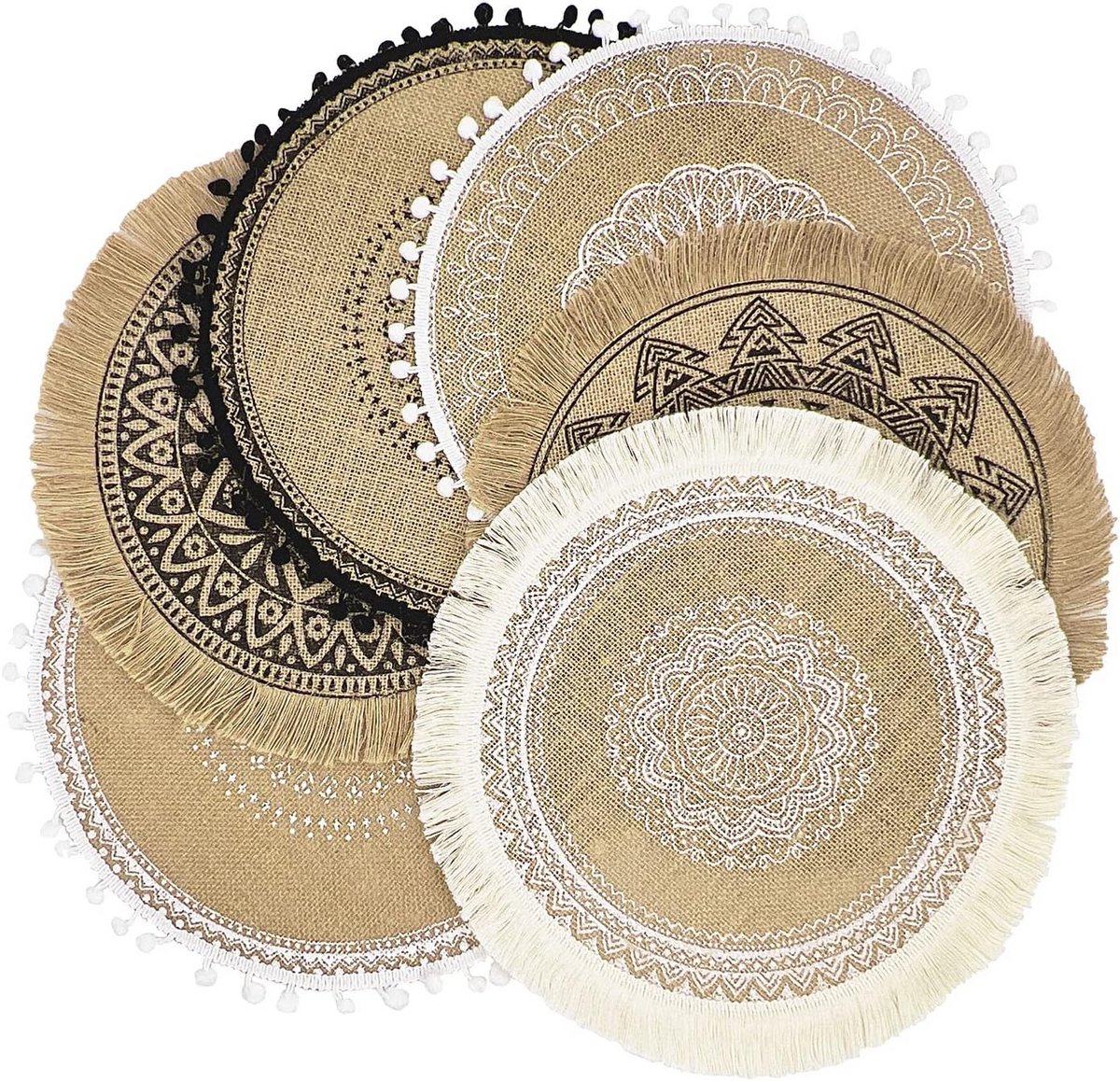 Set van 6 Ronde Gevlochten Placemats Beige Boho Stijl voor Tafel