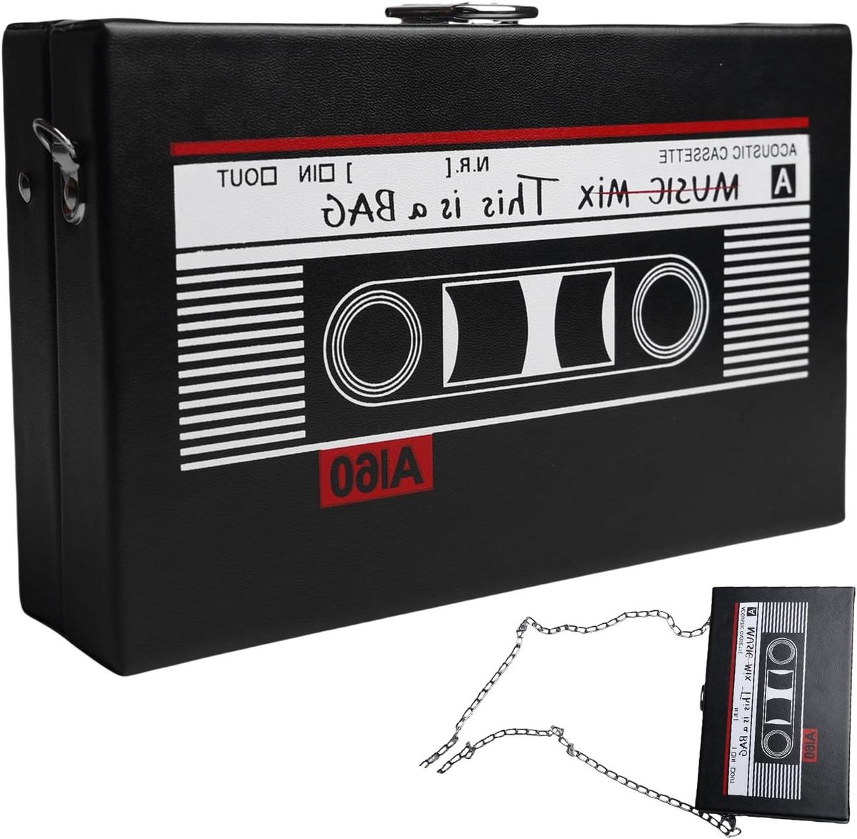 Retro schoudertas cassette handtas dames: 19 x 12 x 5 cm schuine schoudertas radio handtas tas cassettes schoudertas voor jaren 80 90 disco feestdecoratie - zwart
