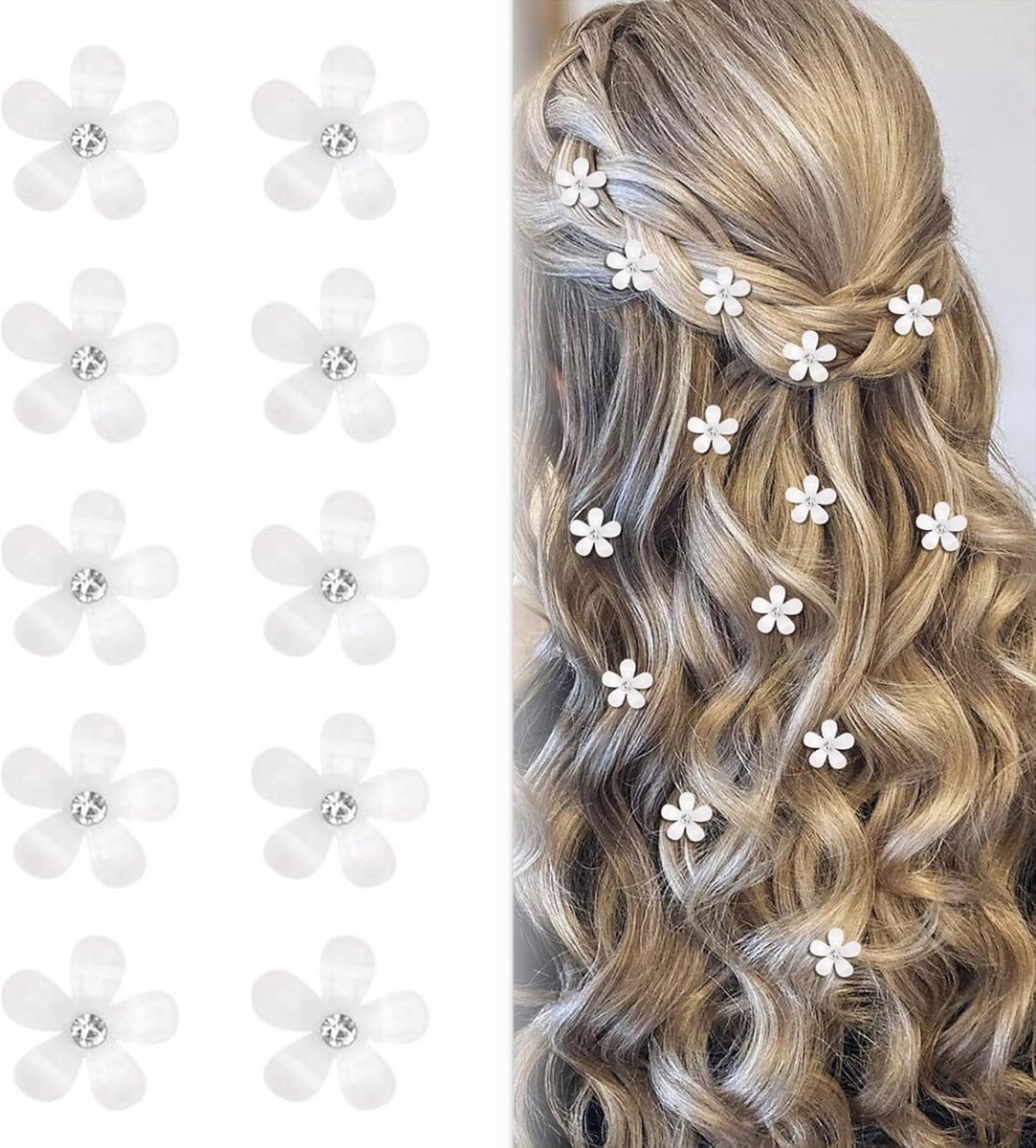 Set van 10 Witte Mini Haarclips met Strass Bloemendecoratie