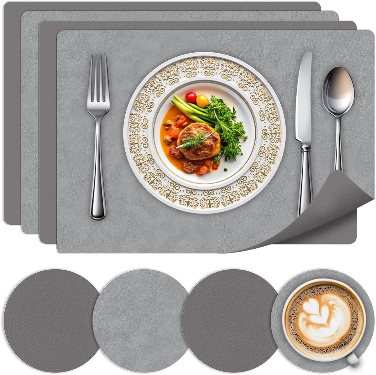 Set van 4 Dubbelzijdige Placemats met Onderzetters, Hittebestendig en Afwasbaar