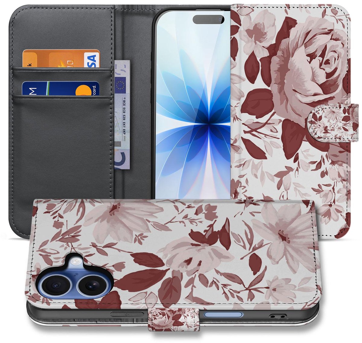 Book Case iPhone 17 Watercolor Flowers Met Pasjes