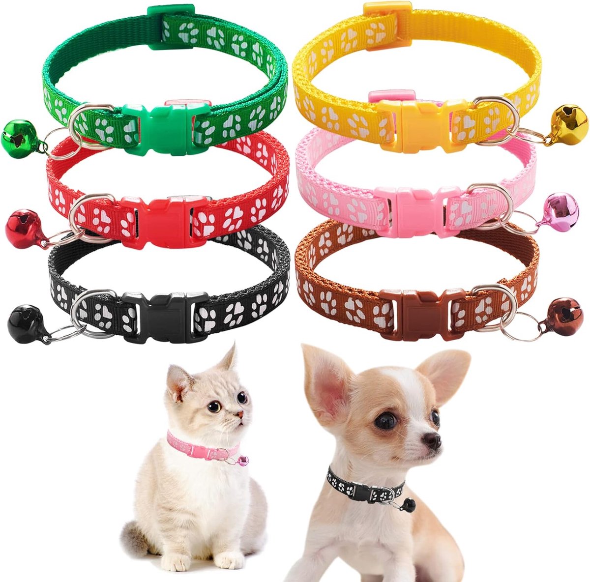 Daity Set van 6 - verstelbare halsbanden met belletjes voor honden en katten - geschikt voor katten en kleine honden (breedte 1,0 cm, halsbandlengte 19-33 cm)