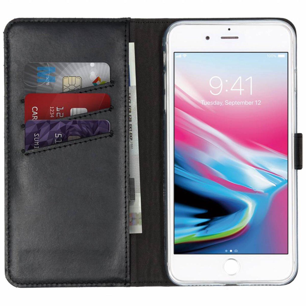 Selencia Hoesje - Geschikt voor Apple iPhone 8 Plus / 7 Plus - Echt Lederen Bookcase - Zwart