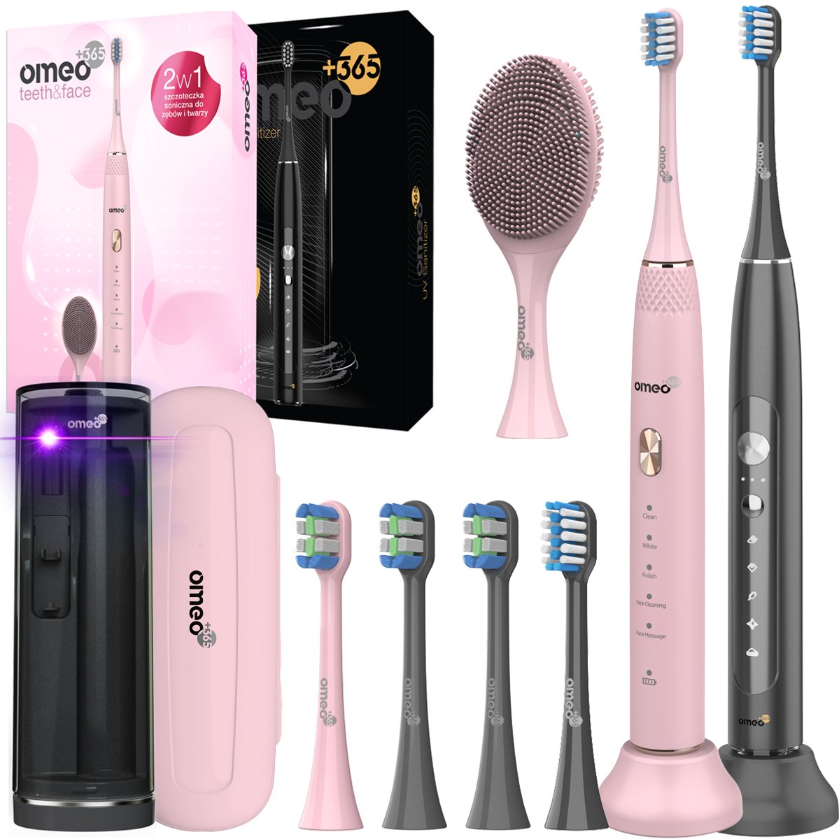 OMEO UV Sanitizer Black + Teeth&Face Pink - Sonische Tandenborstels Set - 82.000 & 96.000 trillingen - UV-desinfectie - 60 dagen batterij