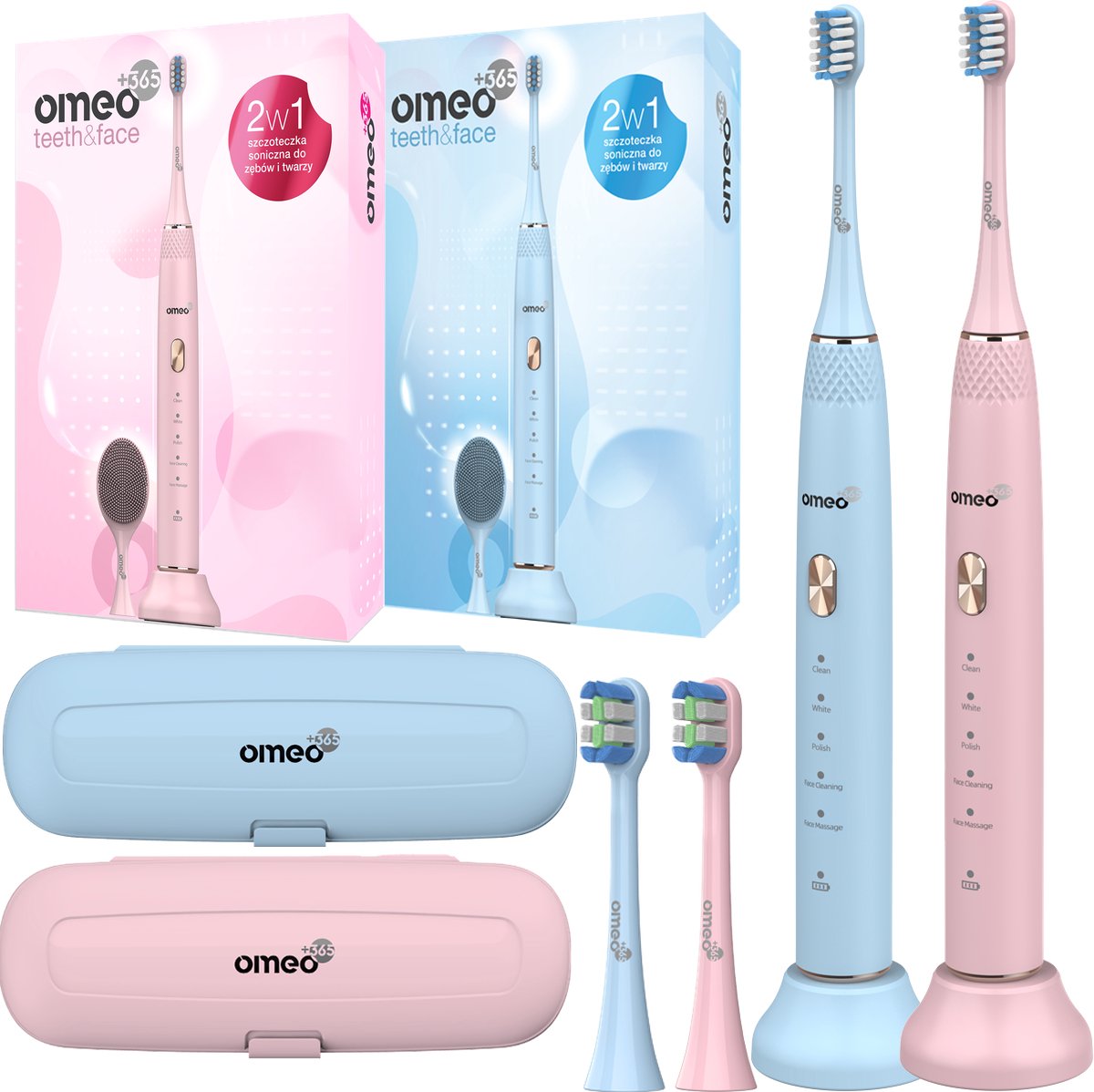 OMEO Teeth&Face - Sonische Tandenborstels Set - 2 stuks Pink & Blue - 96000 bewegingen - 60 dagen batterij