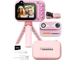 ODESSEY Waterdichte Kindercamera - met Tripod - Full HD - Selfie Camera - 32GB SD Kaart - Foto - Video - Spelletjes - Digitale Camera Kinderen - Fototoestel voor kinderen - Roze
