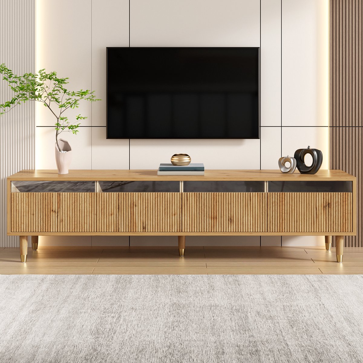 Wishdor Tv-Meubel - Minimalistisch Ontwerp - 4 Lades - Kabeldoorvoer - Mdf - Houtkleur - 178 X 35 X 45 Cm