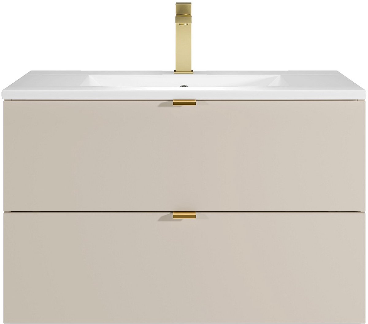 Vente-unique Zwevend badkamermeubel met inbouwwastafel en kraan - Beige - 80 cm - LAVENA