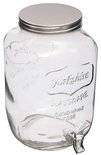 Glazen drankdispenser van 8 liter met zilverkleurig metalen deksel en chromen kraantje.