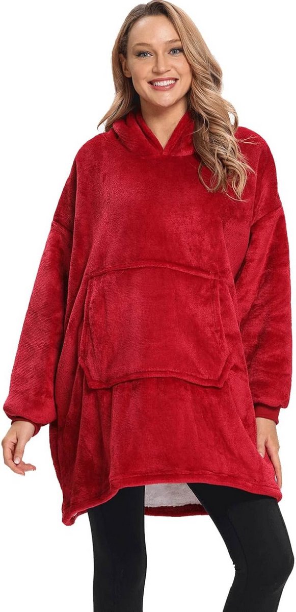Oversized Hoodie Deken voor Volwassenen en Jongeren - Draagbare, Sherpa Capuchon Deken met Grote Zak, Rood