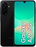 Zwarte Samsung Galaxy A26 5G met drievoudige camera en een scherm met de tekst "Galaxy A26 5G".