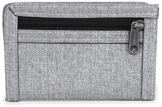 Grijze Eastpak portemonnee met ritssluiting aan de voorkant.