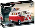 Verpakking van de PLAYMOBIL Volkswagen T1 campingbus met de bus en figuren erop afgebeeld.