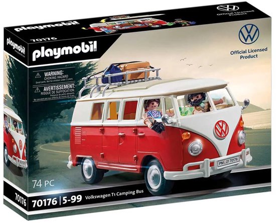 Verpakking van de PLAYMOBIL Volkswagen T1 campingbus met de bus en figuren erop afgebeeld.