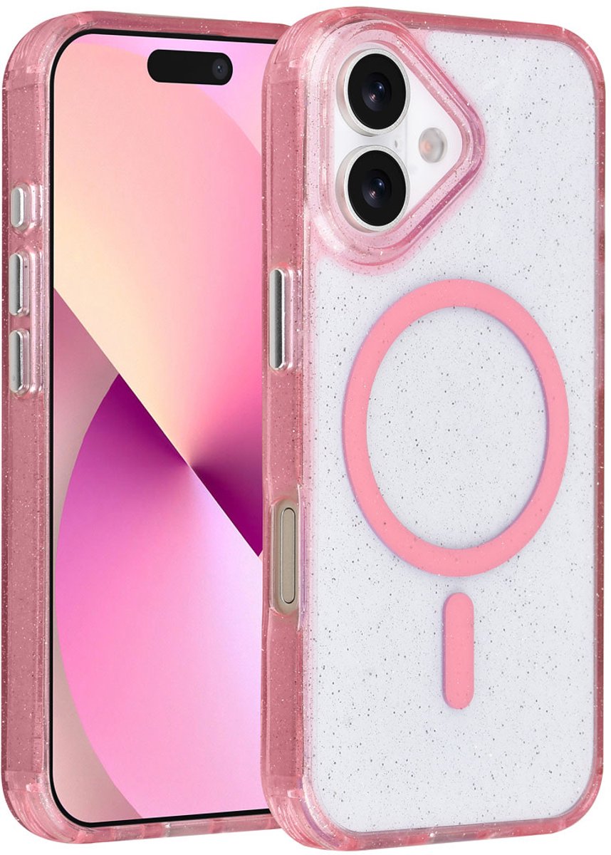 TUNIQ telefoonhoesje voor Apple iPhone 16 - MagSafe met glitter en koord - Roze