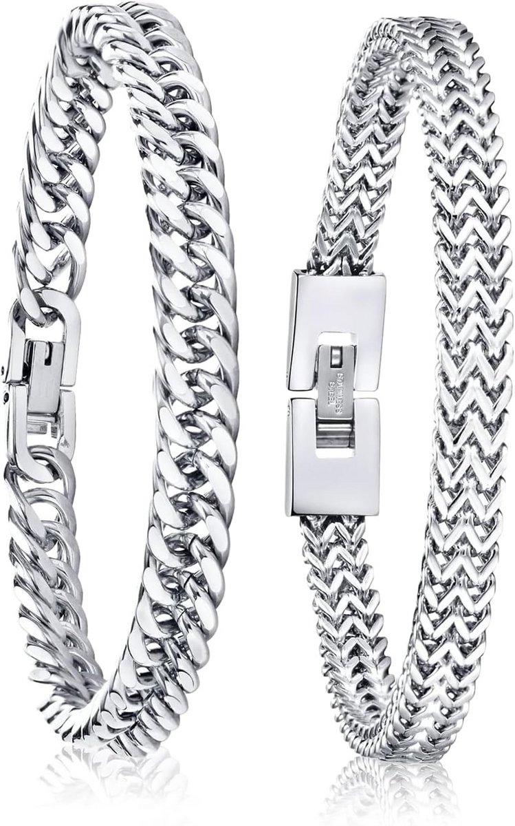 Roestvrij Stalen Armbanden voor Heren - 2 Stuks Zilver, Pantserketting, Duurzaam Design