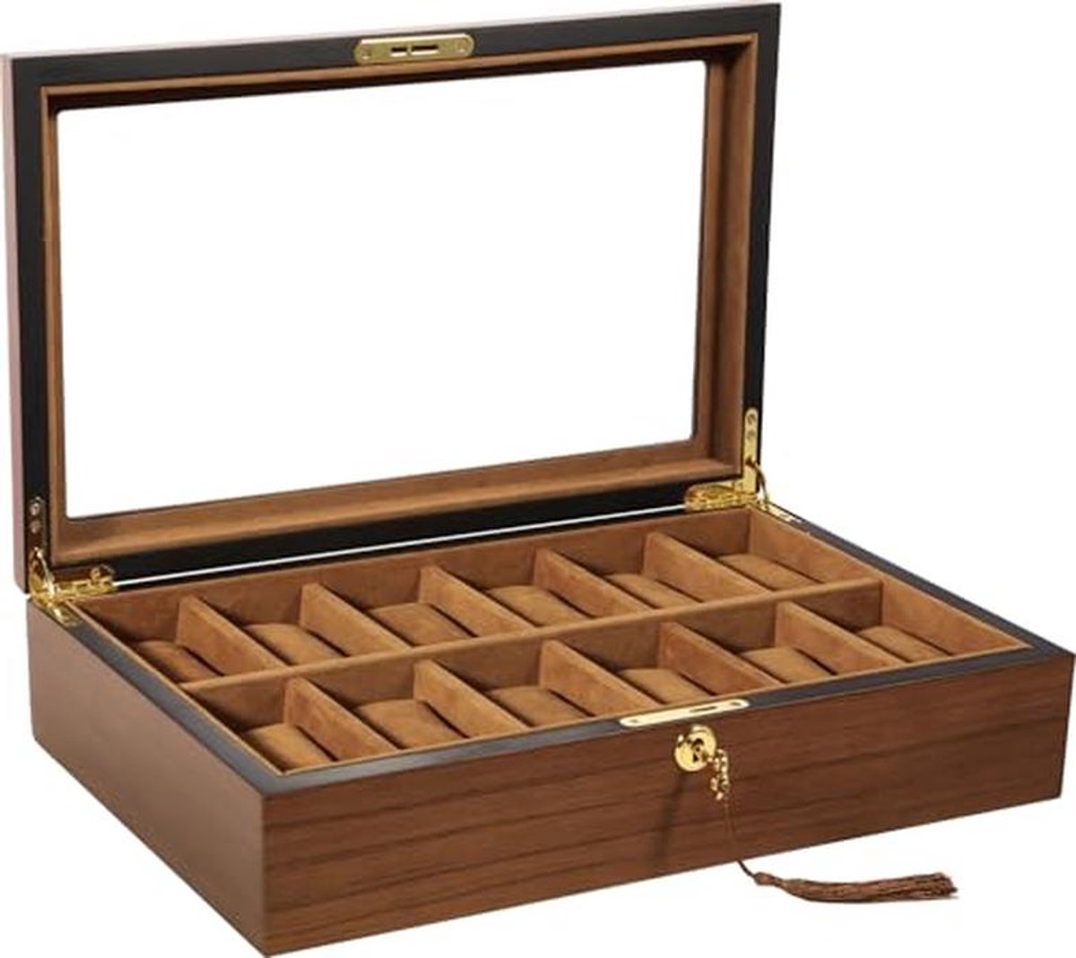 Horlogebox met 12 Vakken en Glazen Deksel, Luxe Houten Horloge Display met Sleutel
