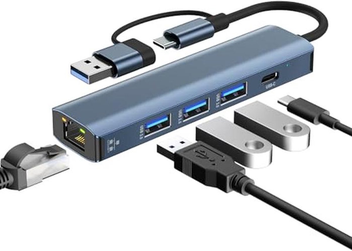 USB C LAN-adapter 5-in-2 Hub met Gigabit Ethernet en 4 USB Poorten