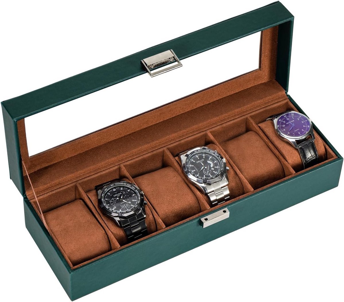 Watch box with 6 compartments and glass lid - Leather watch organizer for men and women