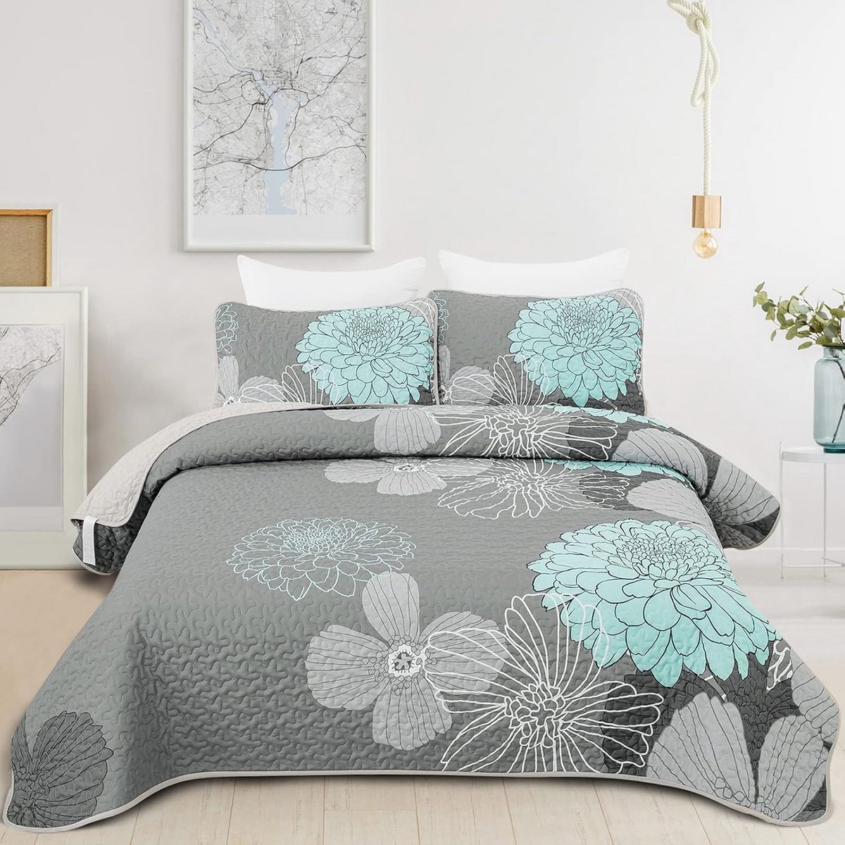 Groene Bloemen Sprei 220x240 | Zachte Zomerdeken en Gewatteerde Deken voor Tweepersoonsbed