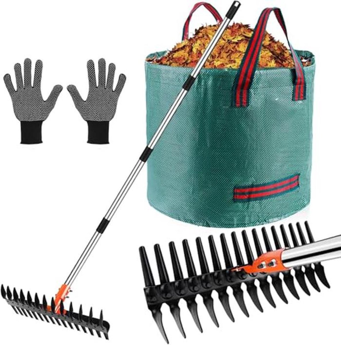 Lawn Wicker Rake - 35cm with Adjustable Handle, Leaf Pocket & Gloves