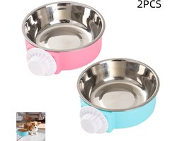 2 stuks - Hondenbench Voer- en Waterbakken - Roestvrijstalen Hangende Voer- en Waterbakken - voor Hondenbench voor Puppy's, Katten, Konijnen, Fretten, Cavia's - Roze & Blauw - 14×5cm