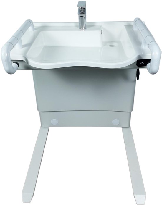 Lavabo blanc avec barres grises, robinet chromé et un pied gris.