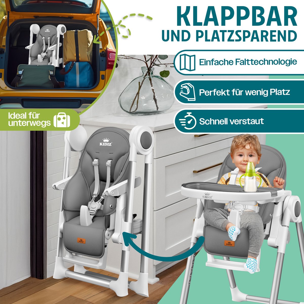 KIDIZ® 3in1 kinderstoel incl. speelbar, Eetstoel, Babystoel, combinatie kinderstoel, 7 in hoogte verstelbare rugleuning, meegroei van 0 maanden tot 6 jaar - Donkergrijs