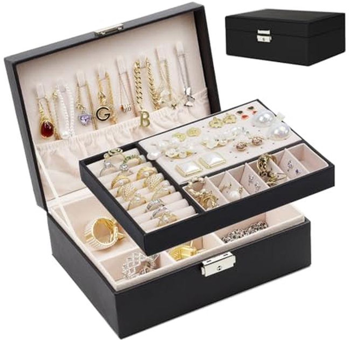 Sieradenbox Organizer Groot - 2 Lagen Sieraden Opslagdoos met Slot - PU Leer - Reis Sieraden Pouch voor Dames en Meisjes - Zwart