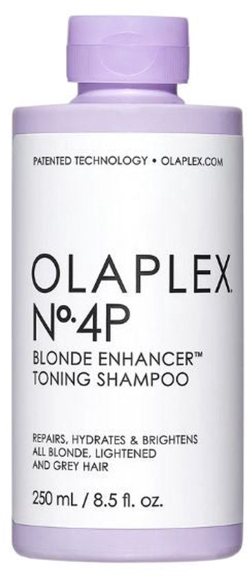 Fles Olaplex No.4P Blonde Enhancer Toning Shampoo 250ml met paarse dop op witte achtergrond.