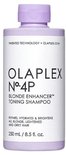 Fles Olaplex No.4P Blonde Enhancer Toning Shampoo 250ml met paarse dop op witte achtergrond.