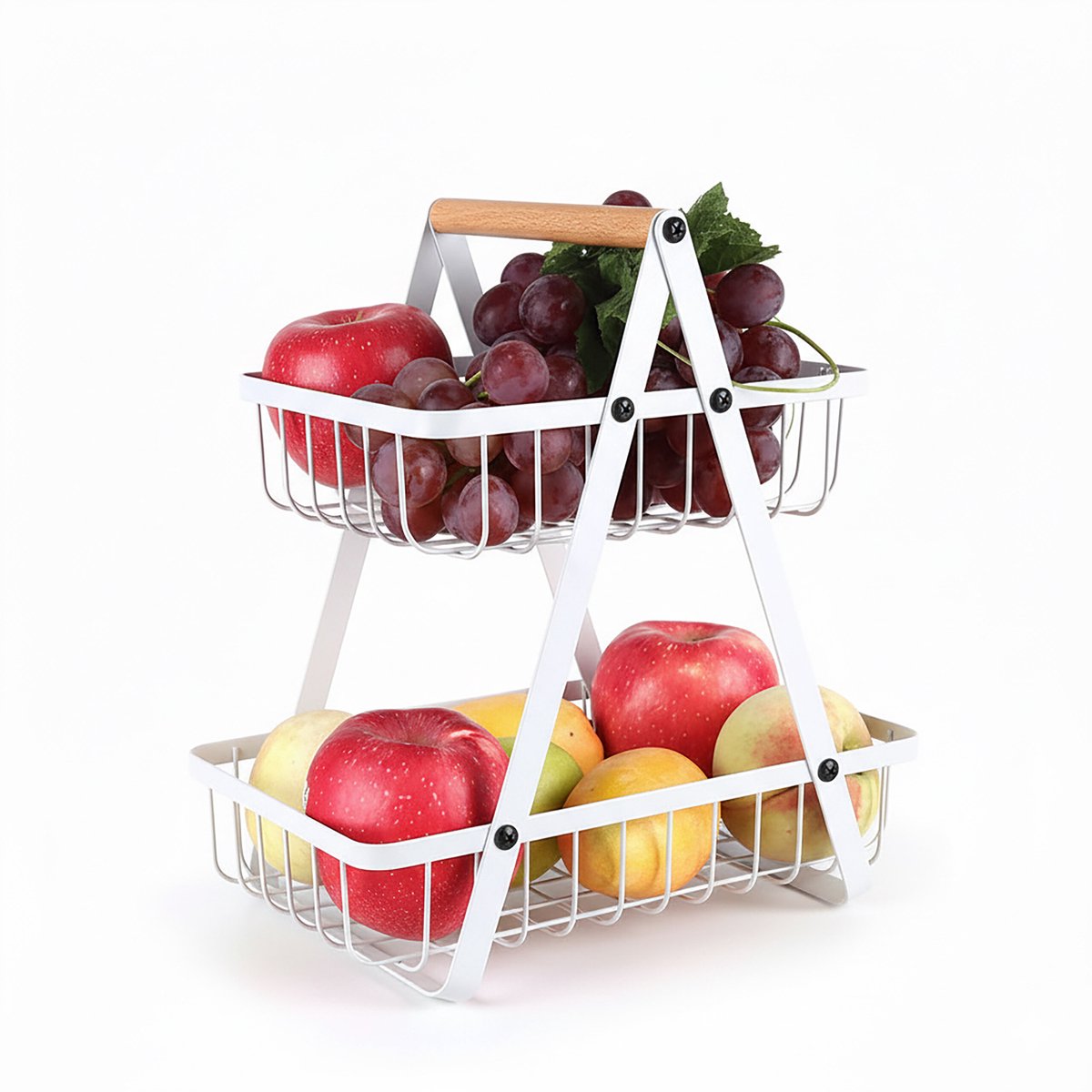 Fruitschaal etagère - 2 laags - houten handvat - wit