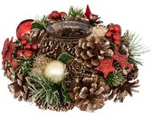 Feeric Christmas Kerststukje met kaarsenhouder - krans - rood tinten - natuur - 19 cm - tafeldecoratie - tafelornament