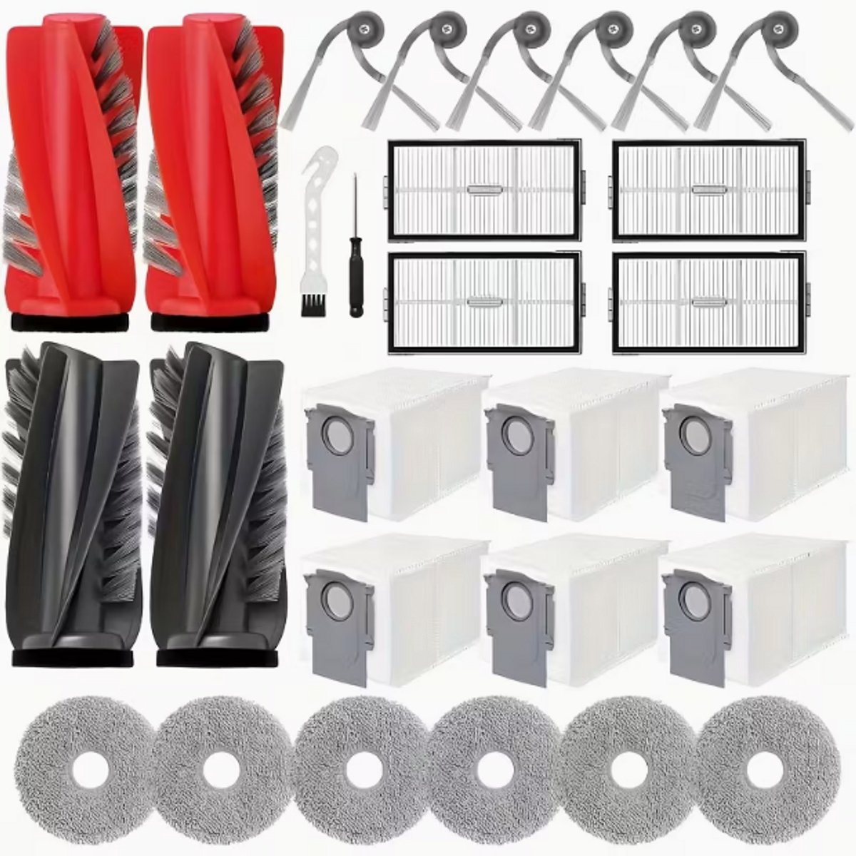 28-delige G20s Ultra Vervangingsonderdeel Accessoires voor Roborock G20s Ultra/Saros 10R/Qrevo CurvX met 2 Rode Rollers, 2 Zwarte Rollers, 4 Hepa, 6 Dweilen, 6 Stofzakken, 6 Bijrollen, 1 Schroevendraaier, 1 Reinigingsborstel, Onderhoudskit, Stofzuige
