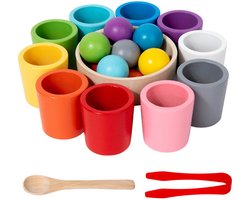 Montessori Speelgoed - Houten Speelgoed - Regenboogballen in Beker Speelgoed - 10 Kleurensorteer Bollen en Beker Spel - Educatief Speelgoed - Houten Leer Speelgoed voor Kleur en Tellen - Hersenspeelgoed - Kleurrijk - Cadeau voor Kinderen