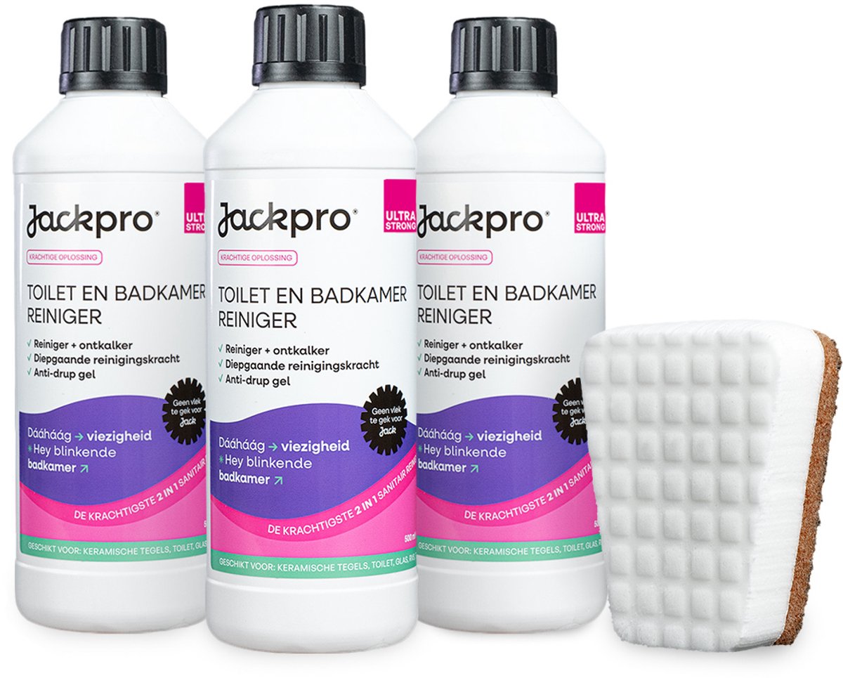 Jackpro Toilet en Badkamerreiniger ULTRA STRONG - 3x500ml - 2-in-1 reiniger en ontkalker - voor badkamer, toilet, sanitair, tegels, glas en RVS - voordeelverpakking