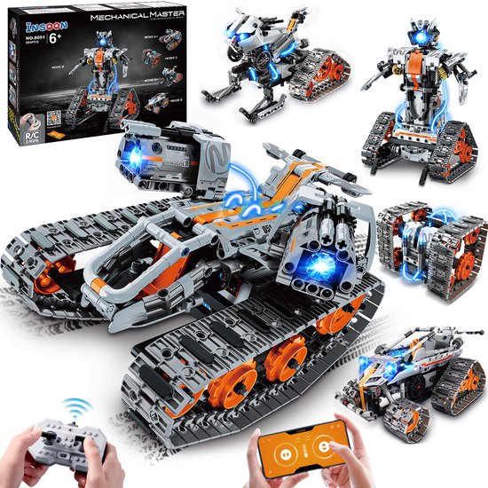 INSOON 5 in 1 RC Auto Robot Bouwsets - 604 Delen - STEM Bouwpakket Met LED licht APP - Tank Sleigh Trackeedkist Kinderend Racer - speelgoed 6+ jaar