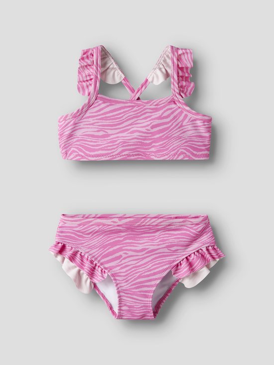 Roze bikini met witte zebraprint, ruches aan de schouderbandjes en broekje.